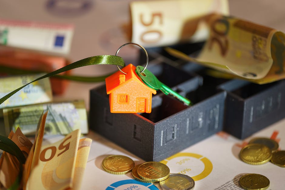 A close-up view of a black foam block with an orange house-shaped keycap attached to a green key, placed among scattered euro banknotes and gold coins on a flat surface, illustrating financial considerations in home relocation. Additional keys and packing materials are visible around the scene. The setting appears indoors, with a focus on the preparation and costs associated with furniture transport and packing during a house removal process, as managed by Man and Van Tolworth. This image highlights the importance of organized logistics, such as loading and securing valuables, in efficient moving services within the context of avoiding hidden fees, as discussed on the detailed removal guide webpage for Tolworth.
